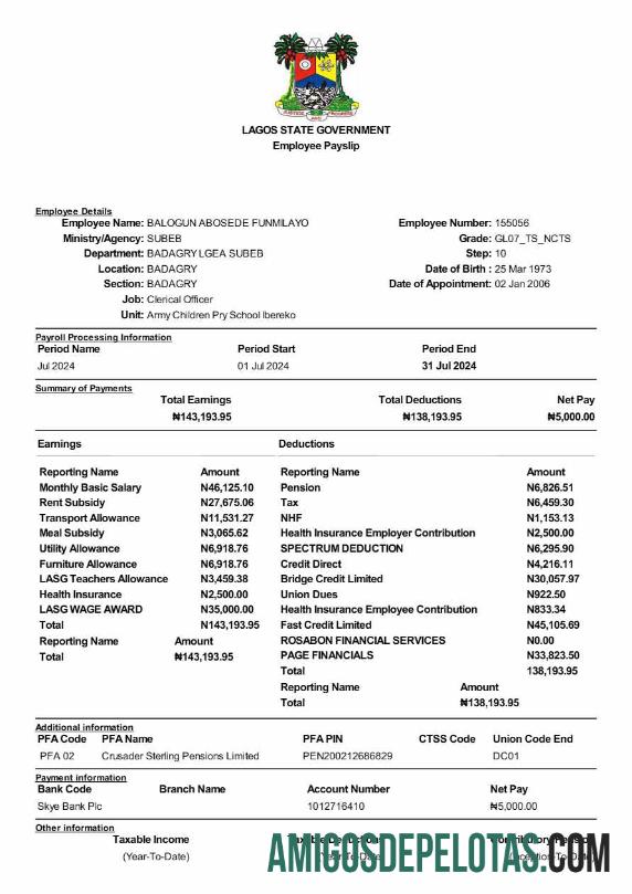 Imprimível Modelo de contracheque de funcionário do governo do estado de Lagos em formatos Word e PDF, versão 2.pdf, 1